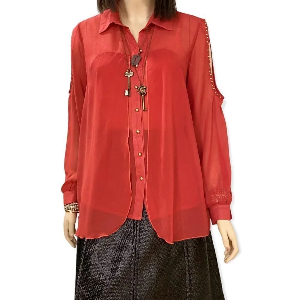 NEW Button Down Full Collar Long Spliced Studded Sleeves Shirt